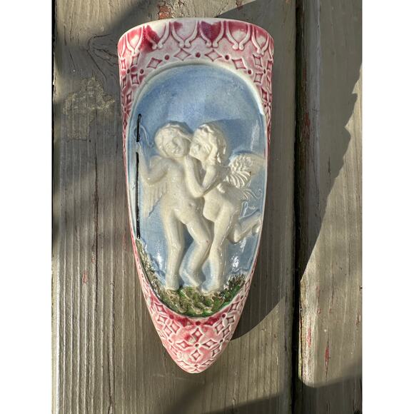 Vintage Ceramic Cherub Angel Wall Pocket Vase 6.5 pink blue Made in Japan - Picture 1 of 14